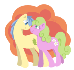 Size: 638x607 | Tagged: safe, artist:steeve, daisy, flower wishes, goldengrape, sir colton vines iii, earth pony, pony, g4, abstract background, adobe imageready, boop, boyfriend and girlfriend, daisygrape, female, male, mare, noseboop, rarepair, shipping, simple background, stallion, straight, transparent background
