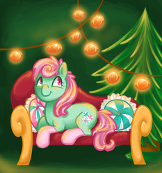 Size: 720x772 | Tagged: safe, artist:steeve, minty, earth pony, pony, a very minty christmas, g3, g4, christmas, clothes, couch, cute, female, first g3 post on derpibooru, g3 to g4, g3betes, generation leap, holiday, mare, mintabetes, prone, socks, solo, tree