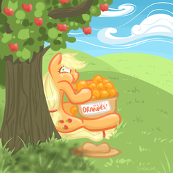 Size: 800x800 | Tagged: safe, artist:steeve, applejack, earth pony, pony, g4, apple, caught, cloud, dishonorapple, female, fruit heresy, herbivore, irony, mare, no one must know, orange, sitting, solo, tree