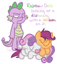 Size: 608x680 | Tagged: safe, artist:steeve, rainbow dash, scootaloo, spike, sweetie belle, dragon, pegasus, pony, unicorn, g4, adobe imageready, annoyed, colored text, cropped, dictionary belle, female, filly, green text, male, new rainbow dash, orange text, purple text, scootachicken, simple background, sleeping, white background