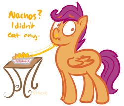 Size: 800x680 | Tagged: safe, artist:steeve, scootaloo, pegasus, pony, g4, blatant lies, cheese, cropped, female, filly, food, liar face, lies, nachos, scrunchy face, simple background, solo, table, white background