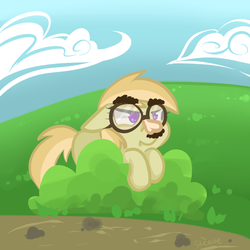 Size: 800x800 | Tagged: safe, artist:steeve, noi, earth pony, pony, g4, bush, cloud, cropped, female, filly, floppy ears, glasses, groucho mask, solo