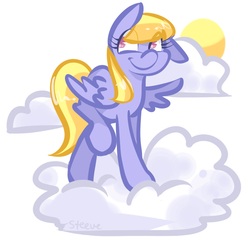 Size: 668x670 | Tagged: safe, artist:steeve, cloud kicker, pegasus, pony, g4, cloud, cloudy, cropped, female, hooves, mare, on a cloud, simple background, solo, spread wings, standing on a cloud, sun, white background, wings