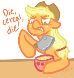 Size: 565x592 | Tagged: safe, artist:steeve, applejack, earth pony, pony, angry, bushy brows, cereal, cereal killer, cleaver, cropped, ears back, female, funny, knife, mare, meat cleaver, pun, serial killer, solo, visual pun