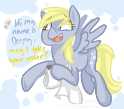 Size: 726x640 | Tagged: safe, artist:steeve, derpy hooves, pegasus, pony, g4, abstract background, cropped, female, flying, mare, no pupils, solo, waiter