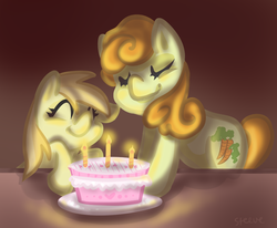 Size: 762x629 | Tagged: safe, artist:steeve, carrot top, golden harvest, noi, earth pony, pony, g4, cake, cropped, cute, eyes closed, female, filly, mare, noiabetes