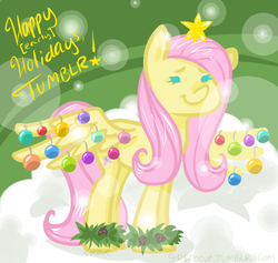 Size: 761x721 | Tagged: safe, artist:steeve, fluttershy, pegasus, pony, g4, abstract background, christmas, cropped, cute, female, fluttertree, mare, smiling, solo, spread wings