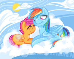 Size: 1010x800 | Tagged: safe, artist:steeve, rainbow dash, scootaloo, pegasus, pony, g4, blank flank, cloud, cloudy, cropped, eyes closed, female, filly, foal, folded wings, happy, hooves, lying on a cloud, mare, on a cloud, one eye closed, prone, scootalove, signature, sky, smiling, sun, watermark, wings