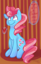 Size: 600x929 | Tagged: safe, artist:steeve, cup cake, earth pony, pony, g4, abstract background, adobe imageready, blushing, female, heart, mare, sitting, smiling, solo, speech bubble, younger