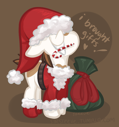 Size: 538x576 | Tagged: safe, artist:steeve, pipsqueak, earth pony, pony, g4, candy cane, christmas, colt, cropped, floppy ears, hat, male, mouth hold, sack, santa hat, santa sack, solo