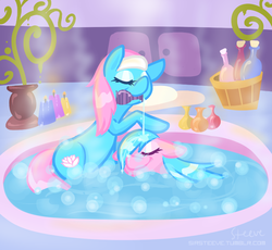 Size: 800x737 | Tagged: safe, artist:steeve, aloe, lotus blossom, earth pony, pony, g4, bath, cropped, eyes closed, female, mare, mouth hold, shampoo, siblings, sisters, spa, spa twins, water, wet mane