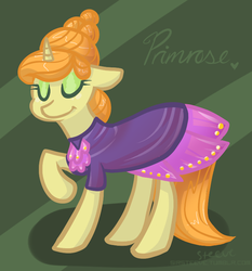 Size: 681x730 | Tagged: safe, artist:steeve, primrose, pony, unicorn, g4, abstract background, clothes, cropped, dress, eyes closed, female, hooves, horn, mare, raised hoof, solo