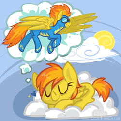 Size: 800x800 | Tagged: safe, artist:steeve, spitfire, pegasus, pony, g4, blank flank, clothes, cloud, cropped, dream, eyes closed, female, filly, flying, foal, goggles, hooves, lying down, mare, on a cloud, prone, sleeping, solo, uniform, wings, wonderbolts, wonderbolts uniform