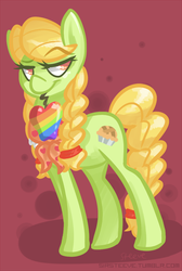 Size: 570x848 | Tagged: safe, artist:steeve, granny smith, earth pony, pony, g4, abstract background, cropped, female, mare, mouth hold, solo, young granny smith, zap apple