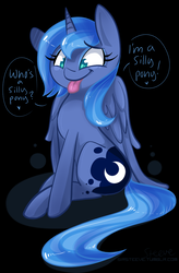 Size: 755x1149 | Tagged: safe, artist:steeve, princess luna, alicorn, pony, g4, :p, abstract background, cross-eyed, cute, female, filly, lunabetes, s1 luna, silly, silly pony, sitting, smiling, solo, tongue out, weapons-grade cute, woona