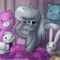 Size: 900x900 | Tagged: safe, artist:johnjoseco, silver spoon, earth pony, pony, g4, adobe imageready, bed, blanket, cute, female, filly, loose hair, morning ponies, pillow, plushie, solo