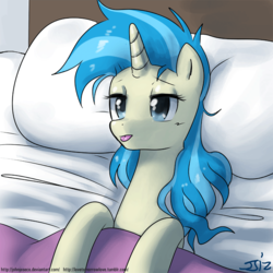 Size: 900x900 | Tagged: safe, artist:johnjoseco, allie way, pony, unicorn, g4, adobe imageready, bed, female, mare, morning ponies, pillow, solo, tongue out