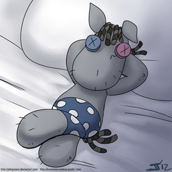 Size: 900x900 | Tagged: safe, artist:johnjoseco, smarty pants, original species, plush pony, g4, arm behind head, bed, crossed legs, doll, morning ponies, no pony, plushie, swag, toy