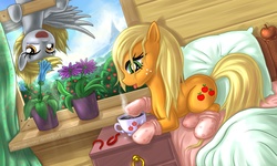 Size: 2000x1200 | Tagged: safe, artist:alexmakovsky, applejack, derpy hooves, earth pony, pegasus, pony, g4, apple, bed, clothes, coffee, duo, female, flower, food, loose hair, mare, morning ponies, photoshop, socks, upside down, window