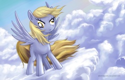 Size: 2000x1280 | Tagged: safe, artist:alexmakovsky, derpy hooves, pegasus, pony, g4, cloud, cloudy, female, hooves, mare, on a cloud, photoshop, serious face, sky, solo, spread wings, standing on a cloud, windswept mane, wings