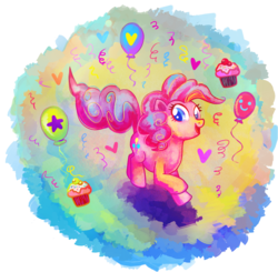 Size: 1767x1731 | Tagged: safe, artist:yukihyo, pinkie pie, earth pony, pony, g4, balloon, confetti, cupcake, female, mare, multicolored hair, simple background, solo, transparent background