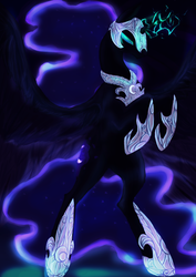 Size: 2480x3508 | Tagged: dead source, safe, artist:luckys-kitsune, nightmare moon, alicorn, pony, g4, action pose, ethereal mane, female, high res, hoof shoes, horn, mare, photoshop, rearing, solo, sparking horn