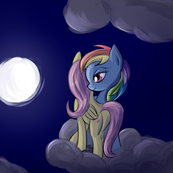 Size: 800x800 | Tagged: safe, artist:fajeh, fluttershy, rainbow dash, pegasus, pony, butt, cloud, cloudy, cute, cutie mark, female, flutterdash, full moon, hooves, lesbian, mare, moon, night, night sky, on a cloud, plot, shipping, sky, smiling, standing on a cloud, wings