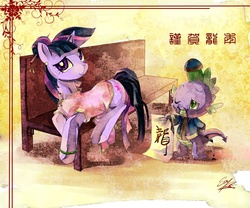 Size: 1200x1000 | Tagged: safe, artist:soukitsubasa, spike, twilight sparkle, dragon, pony, unicorn, g4, alternate hairstyle, bench, cheongsam, chinese, chinese new year, clothes, dress, duo, female, male, mare, paint tool sai, prone, unicorn twilight, year of the dragon
