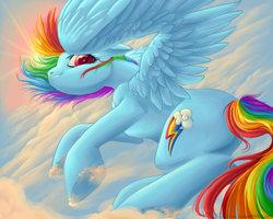 Size: 1000x800 | Tagged: safe, artist:snip-veritas, rainbow dash, pegasus, pony, g4, cloud, cloudy, female, flying, mare, perspective, sky, solo, sun