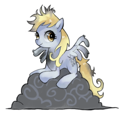 Size: 1114x1127 | Tagged: dead source, safe, artist:suikuzu, derpy hooves, pegasus, pony, g4, the last roundup, adobe imageready, cloud, cute, derpabetes, female, injured, mare, messy mane, prone, simple background, smiling, solo, transparent background