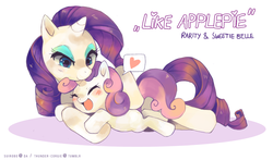 Size: 1421x836 | Tagged: dead source, safe, artist:suikuzu, rarity, sweetie belle, pony, unicorn, g4, adobe imageready, cuddling, cute, diasweetes, eyes closed, female, filly, happy, heart, mare, open mouth, open smile, prone, simple background, sisters, smiling, snuggling, speech bubble, text