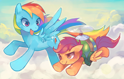 Size: 1686x1078 | Tagged: dead source, safe, artist:suikuzu, rainbow dash, scootaloo, pegasus, pony, g4, adobe imageready, female, filly, flying, helicopter, mare, scootaloo can fly, scootaloo can't fly, sky, tortoise shell