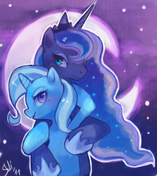 Size: 1064x1194 | Tagged: dead source, safe, artist:suikuzu, princess luna, trixie, alicorn, pony, unicorn, g4, adobe imageready, blushing, female, hug, lesbian, luxie, mare, moon, night, shipping, smiling, stars