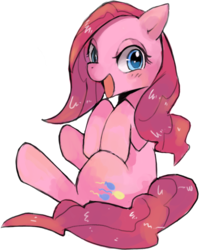 Size: 769x947 | Tagged: dead source, safe, artist:suikuzu, pinkie pie, earth pony, pony, g4, adobe imageready, female, mare, open mouth, simple background, sitting, solo, transparent background, wet mane, wet mane pinkie pie
