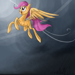 Size: 800x800 | Tagged: safe, artist:nastylady, scootaloo, pegasus, pony, g4, abstract background, blank flank, female, filly, flying, happy, photoshop, scootaloo can fly, solo
