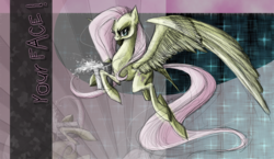 Size: 890x517 | Tagged: safe, artist:nastylady, fluttershy, pegasus, pony, g4, abstract background, bucket, discorded, female, flutterbitch, flying, mare, photoshop, solo