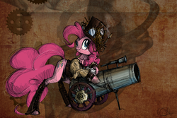 Size: 900x600 | Tagged: safe, artist:nastylady, pinkie pie, earth pony, pony, g4, abstract background, cannon, clothes, female, gun, hat, mare, partillery, party cannon, photoshop, scope, solo, steampunk, top hat, weapon