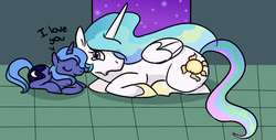 Size: 798x406 | Tagged: safe, artist:ponygoggles, princess celestia, princess luna, alicorn, pony, g4, crying, cute, duo, duo female, eyes closed, female, filly, mare, open mouth, prone, s1 luna, smiling