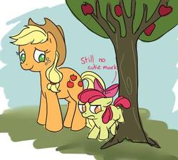Size: 474x427 | Tagged: safe, artist:ponygoggles, apple bloom, applejack, earth pony, pony, g4, apple bloom's bow, apple sisters, applejack's hat, bow, bucking, cowboy hat, duo, duo female, female, filly, foal, hair bow, hat, mare, no pupils, paint tool sai, siblings, sisters, tree