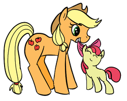 Size: 494x396 | Tagged: safe, artist:ponygoggles, apple bloom, applejack, earth pony, pony, g4, adobe imageready, apple bloom's bow, apple sisters, applejack's hat, bow, cowboy hat, duo, duo female, eyes closed, female, filly, foal, hair bow, hat, mare, mouth hold, photoshop, siblings, simple background, sisters, white background