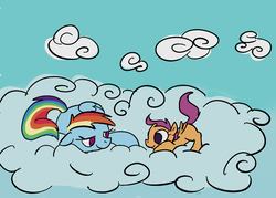 Size: 738x528 | Tagged: safe, artist:ponygoggles, rainbow dash, scootaloo, pegasus, pony, g4, blank flank, cloud, duo, duo female, eye contact, female, filly, floppy ears, foal, hooves, looking at each other, lying on a cloud, mare, no pupils, on a cloud, on side, prone, scootalove, smiling, wings