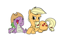 Size: 1134x610 | Tagged: safe, artist:ponygoggles, applejack, spike, dragon, earth pony, pony, g4, accessory swap, applejack's hat, baby, baby dragon, cowboy hat, cute, female, hat, male, mare, open mouth, palindrome get, prone, ship:applespike, shipping, simple background, sitting, spikabetes, stetson, straight, white background