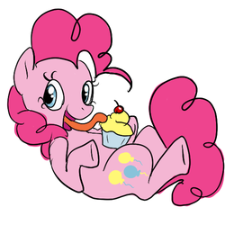 Size: 500x500 | Tagged: safe, artist:ponygoggles, pinkie pie, earth pony, pony, g4, cupcake, female, food, licking, mare, on back, simple background, solo, white background