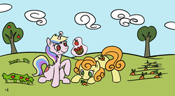Size: 1037x567 | Tagged: safe, artist:ponygoggles, carrot top, golden harvest, holly dash, earth pony, pony, unicorn, g4, duo, duo female, female, food, garden, mare, no pupils, strawberry