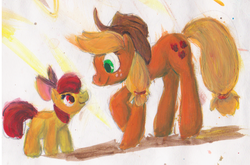 Size: 880x582 | Tagged: safe, artist:ponygoggles, apple bloom, applejack, earth pony, pony, g4, apple sisters, applejack's hat, cowboy hat, duo, duo female, eye contact, female, filly, foal, hat, looking at each other, mare, siblings, sisters, traditional art