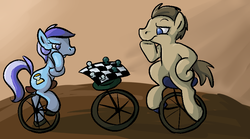 Size: 817x453 | Tagged: safe, artist:ponygoggles, doctor whooves, minuette, time turner, earth pony, pony, g4, chess, context is for the weak, duo, female, male, mare, missing horn, no pupils, romana, stallion, unicycle