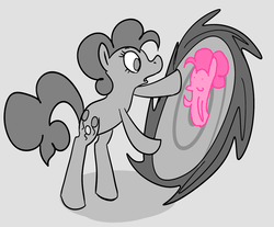 Size: 914x758 | Tagged: safe, artist:ponygoggles, pinkie pie, earth pony, pony, g4, bipedal, bipedal leaning, colorless, female, leaning, mare, no pupils, portal, wat
