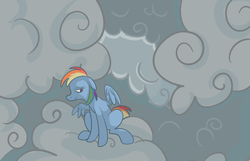 Size: 795x513 | Tagged: safe, artist:ponygoggles, rainbow dash, pegasus, pony, g4, cloud, cloudy, female, floppy ears, hooves, mare, on a cloud, sad, sitting, sitting on a cloud, solo, wings