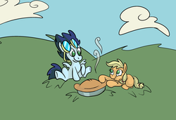 Size: 1992x1363 | Tagged: safe, artist:ponygoggles, applejack, soarin', earth pony, pegasus, pony, g4, apple, apple pie, colt, cute, female, filly, foal, foal romance, food, goggles, hatless, jackabetes, male, missing accessory, no pupils, pie, ship:soarinjack, shipping, soarinbetes, straight, that pony sure does love pies