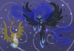 Size: 1992x1363 | Tagged: safe, artist:ponygoggles, gilda, nightmare moon, alicorn, griffon, pony, g4, abstract background, duo, duo female, female, flying, glowing eyes, mare, spread wings, wings